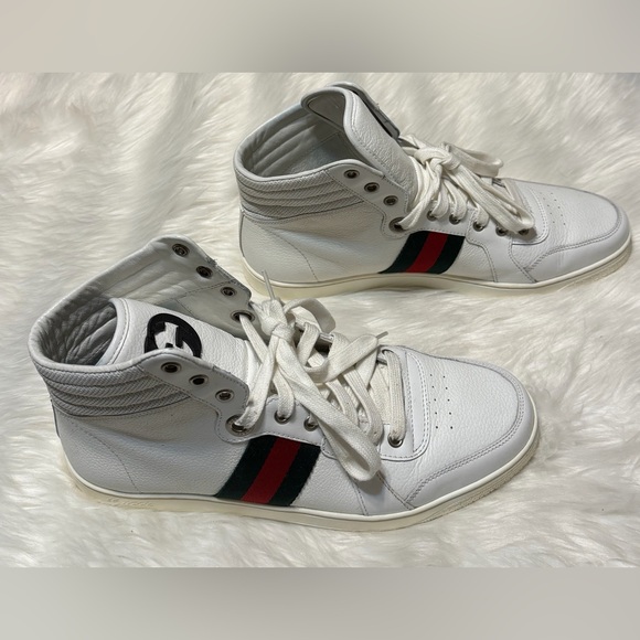 Gucci White High-Top Sneakers with Green and Red Web Stripe - Picture 7 of 12